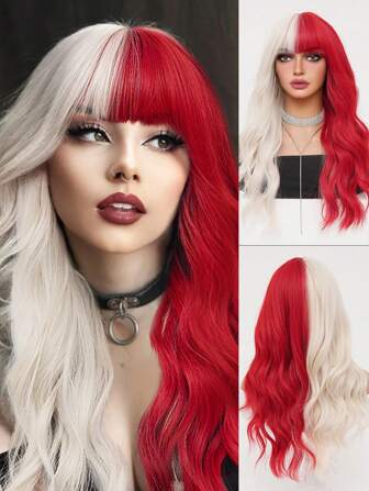 Cosplay Peruk Röd Blond Blandad 26 tum långa lockiga vattenvågor med lugg Y2K Syntetfiberperuk Kvinnor Festperuk Realistisk Naturlig Sexig Charmig Halloween Värmebeständig peruk