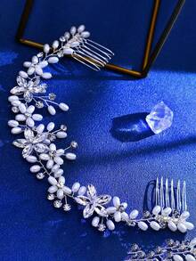 1pc European & American Bridal Pearl & Crystal Double-Tooth Comb Hair Accessory, Rhinestone Decor Wedding Hair Clip - Silver - View 4