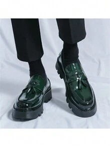 男式厚底厚底鞋，流苏亮面皮革乐福鞋 - 綠色 - 查看 3