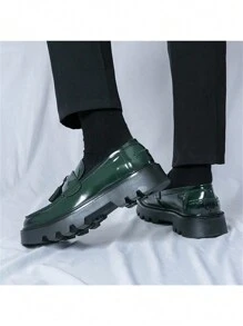 男式厚底厚底鞋，流苏亮面皮革乐福鞋 - 綠色 - 查看 7