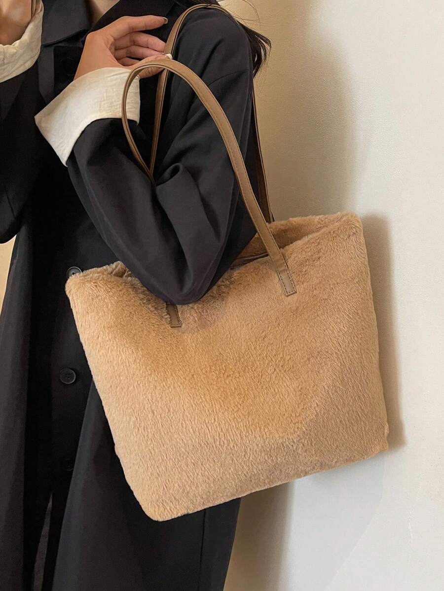 2024 Fall Winter New Soft Plush Versatile Casual Simple Women Zipper Closure Dual Handle Large Capacity Shoulder Tote Handbag