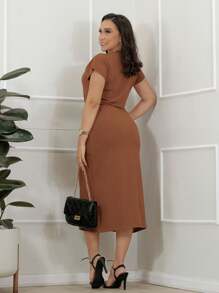 Women's Casual Midi Dress With Front Slit - 駝色 - 查看 2