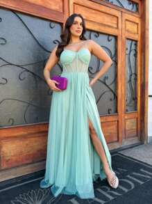 LONG WEDDING PARTY DRESS FOR GRADUATES IN TULLE WITH SHINE AND CORSET - 綠色 - 查看 1