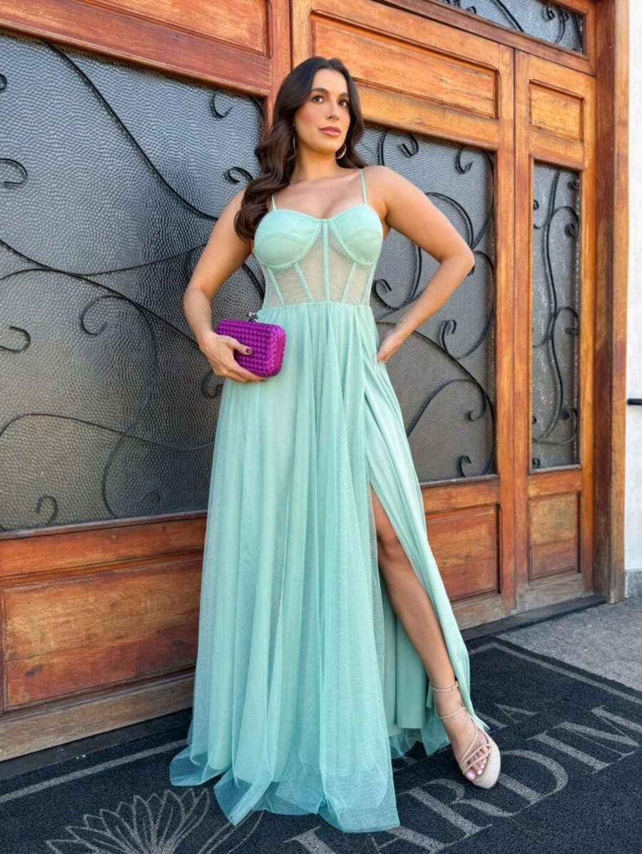 LONG WEDDING PARTY DRESS FOR GRADUATES IN TULLE WITH SHINE AND CORSET - 綠色 - 查看 1