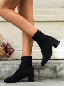 2025 年秋冬女式方头黑色粗跟踝靴，后拉链，时尚高跟短靴，西部牛仔靴 - 黑色 - 查看 9