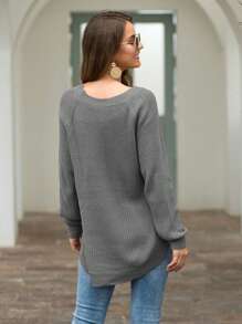 Rounded Hem Knit Sweater - Grey - View 3
