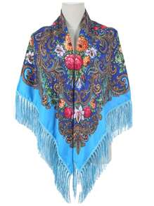 Women's Oversized Printed Traditional Scarf, Multicolor Rose Blossom With Tassels For Various Use Boho - Multicolor - View 32