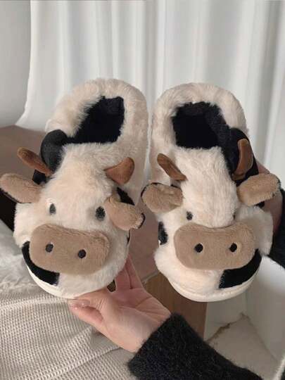 ISPORTE Zapatillas de felpa con diseño de animal de dibujos animados, cálidas y antideslizantes, cómoda y con patrón de vaca de moda.Zapatillas de casa con diseño de rana de dibujos animados multicolor para mujer de muy buen gusto, zapatillas de dormitorio de tela de muy buen gusto