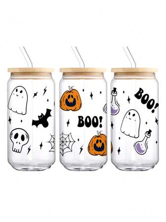 550ml 玻璃杯，骷髅鬼南瓜，高硼硅玻璃，带密封竹盖和吸管的杯子，圣诞节，万圣节，适合办公室和学校，用于咖啡、茶、啤酒、果汁、冷热饮品、冰沙等，可重复使用，隔热，用于派对、聚会、节日、感恩节、教师节、节日礼物、送给妈妈、恋人、男朋友和女朋友、最好的朋友、新娘的礼物。
