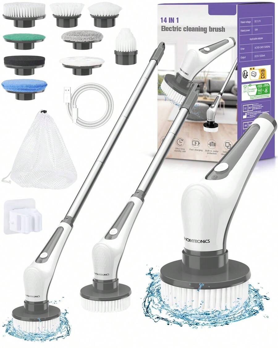 Electric Bathroom Brush For Cleaning, [IPX8 Waterproof] Cordless Rotating Bath Brush With 9 Replaceable Brush Heads, Long Lasting, Adjustable Handle For Tub, Floor - White - View 1