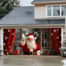 1pc,Santa Claus Greeting Garage Door Cover, Polyester Christmas Entryway Decor, Outdoor Hanging Festive Scene Without Electricity, Weather-Resistant Holiday Wall Backdrop,Christmas