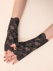 1 Pair Fingerless Hollow-Out Lace Gloves Halloween Valentine's Day Valentines Autumn Accessories - Black - View 3