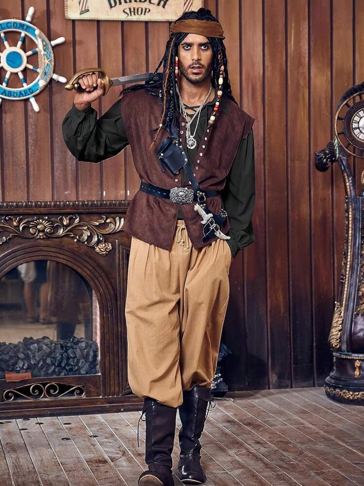 Camicia da Uomo Medievale Rinascimentale Pirata Top Gotico Vintage con Lacci Fot Halloween Cosplay Senza Cintura (Color : Multi-Colored, Size : S