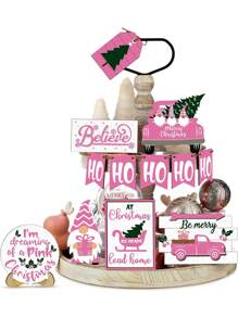 12 件圣诞多层托盘装饰套装（木材厚度：0.2 英寸）、木制圣诞标志分层托盘装饰、圣诞雪花粉色小雕像标志乡村农舍家庭餐桌装饰（粉色风格）（不含托盘） - 粉紅色 - 查看 1