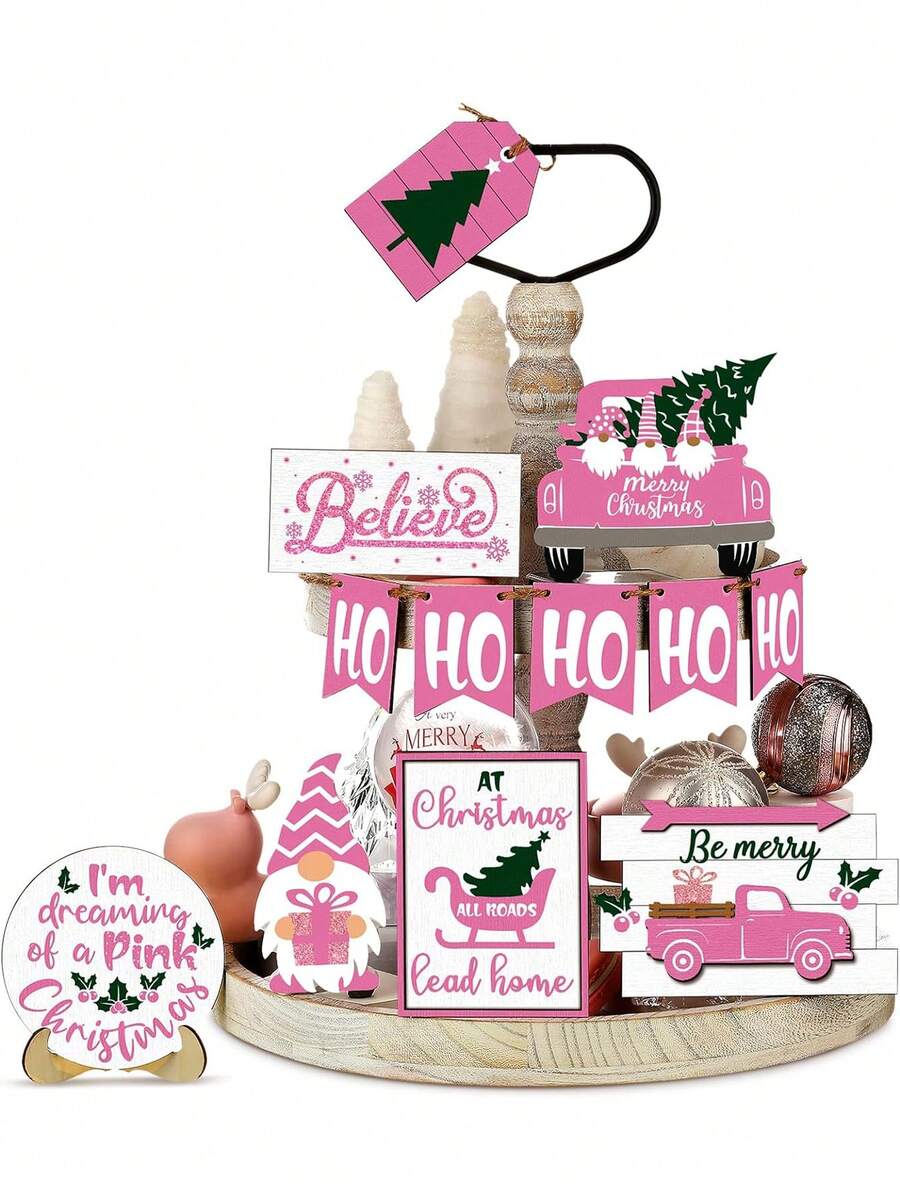 12 件圣诞多层托盘装饰套装（木材厚度：0.2 英寸）、木制圣诞标志分层托盘装饰、圣诞雪花粉色小雕像标志乡村农舍家庭餐桌装饰（粉色风格）（不含托盘） - 粉紅色 - 查看 1