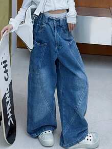 1件女童时尚蓝色筒状裤，春秋季 - 藍色 - 查看 3