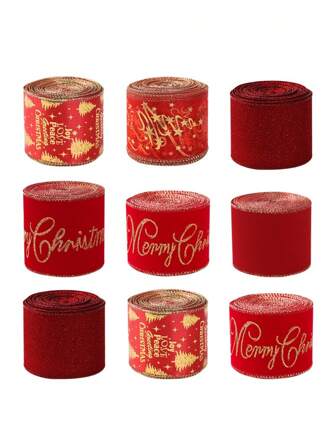 1卷 6.3厘米宽，2米长，手工圣诞丝带，植绒装饰胶带，圣诞金点蝴蝶结花环，礼品包装丝带，圣诞节
