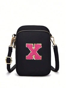 2 Peças Bolsa Transversal Fashion Casual Mini para Caminhada com Bolsa de Tecido para Celular, Porta-moedas Vertical para Mulheres e Meninas, Presentes para Volta às Aulas, Outono e Inverno, Dia dos Namorados (Adesivos de Letra DIY) - Preto - Visão 16