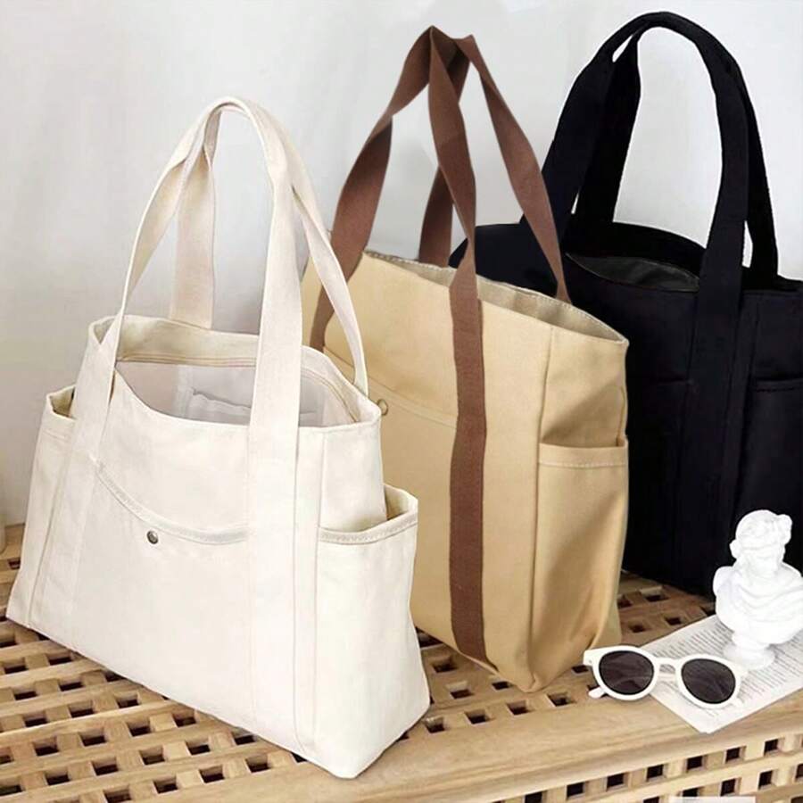 1pc Large Capacity Canvas Solid Letter Tote Bag Versatile Handbag For Commuter Work Student Class Underarm Women's Bag Shopping Bag