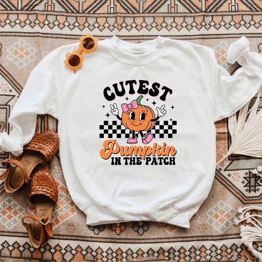 Cutest Pumpkin Checkered | Youth Graphic Sweatshirt - 白色 - 查看 1