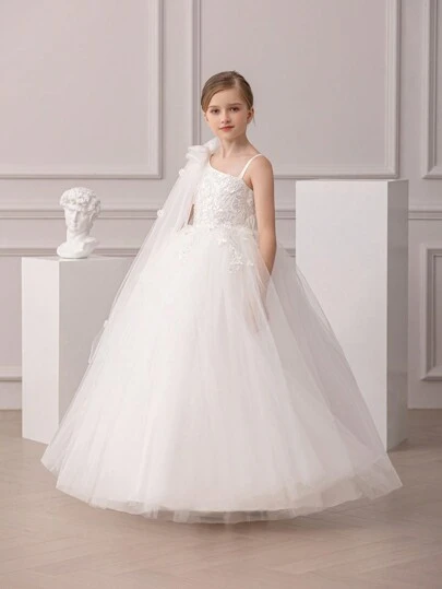 Tween Girl Bowknot Lace Mesh Shoulder Party White Dress, Elegant Princess Gown Suitable For Girls Birthday Party, Prom, Wedding, Bridesmaid, Holiday