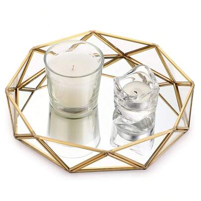 1pc Mirrored Glass Dressing Table Gold Decorative Cosmetic Tray Geometric Perfume Tray Candle Holder Tray Jewelry Storage Box Tray Gorgeous Bathroom Tray Dressing Table Home, Decorative Clear Trays Decor For Organizing, Clear Trays For Organizing,Gold Mirror Tray For Room Decor,Exquisite Perfume Tray
