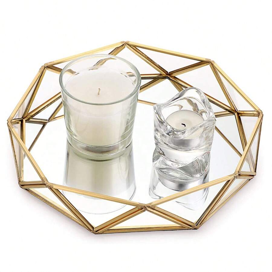 1 pieza Bandeja de espejo de vidrio dorado, organizador de almacenamiento de joyas, perfumes y velas con diseño geométrico, decoración de lujo para el baño, regalo para el Día de la Madre, bandeja transparente para organización, bandeja de espejo dorado para decoración de habitación, elegante bandeja para perfumes, regalo de boda/aniversario