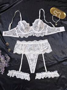 4pcs/Set Sexy White Lace Floral Hollow-Out Women's Lingerie Set, Seductive Uniform, Ideal For Valentine's Day, Nightclub, Bedroom, Rave, Going Out