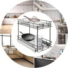 Organizador de armario extraíble de 2 niveles, estante deslizante extraíble para almacenamiento de armario de cocina, baño y despensa de 10.5" de ancho x 21.5" de profundidad en color gris. El mejor regalo/presente para familiares y amigos. Feliz Navidad. Decoración del hogar y el baño, organizador de baño. Regreso a clases de verano - Gris - Ver 3
