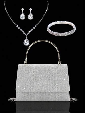 Charming And Elegant Women's Evening Handbag, Exquisite And Luxurious Shoulder Bag With Sparkling Rhinestone Embellished Necklace, Bracelet, Earrings Set, Stylish Shoulder Bag For Party Girls, Ladies, Bride, Perfect For Party, Wedding, Prom , Dinner/Banquet., Perfectly Matching With New Years Outfit, Tready Party Bags,Perfect For Party, Wedding, Prom, Dinner/Banquet, Essential Wedding Items,Perfectly Matching With Graduation Dress, Prom Dresses, Perfectly Matching With Prom Accessories