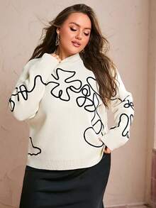 Simplee Damtröja i plus size med tvinnat mönster, lång ärm, pullover, för pendling, lämplig för hemmet, kontoret och utomhusbruk, ny stil för höst/vinter - Vitt - Visa 5