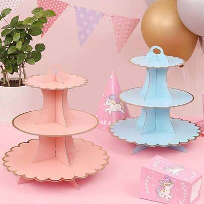 1pc 3-Tier Round Cardboard Stand Tower,Display Stand With Gold Scalloped Edge For Pink Birthday Party Favors,Serving Tray For Wedding Decor Valentines Day,Blue Party Dec, Babyshower