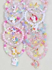 12pcs/Set Girls' Unicorn Charm Bracelet, Beaded Heart Jewelry Wristband Set, Suitable For Holiday Party Birthday Gift, Random Color - Multicolor - View 5