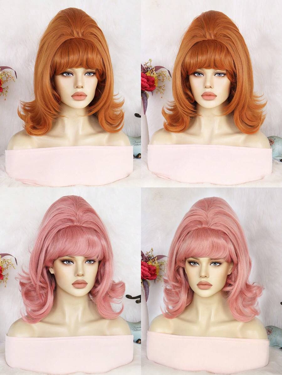Halloween Classic Flip Out Wavy Wigs, Retro Bouffant Beehive Wig With Bangs, Medium Long Fluffy Wavy Wigs, 50s 60s 70s 80s Vintage Costume Wigs, Funny Updo Bun Hair With Fashion Fringe Wigs For Women, Loose Wave Heat Resistant Synthetic Wig, Ginger Pink Natural Color Wig For Daily Party Costume Cosplay Wig, Charming Elegant Women's Shoulder Length Bob Wig For Holiday Thanksgiving Day Birthday Gift For Christmas Decorations & 1pc Wig Cap