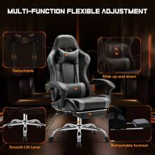 Sweetcrispy Video Game Desk Chair - Ergonomic Computer With Footrest And Comfy Lumbar Support, PU Leather Recliner With Headrest, Fixed Up Armrest, Height Adjustable With 360° Swivel - 灰色 - 查看 2
