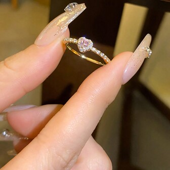 S925 纯银粉红心形戒指镶嵌合成锆石，精致女士结婚/求婚戒指，情侣特别珠宝礼物