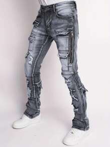 1pc Dark Grey Ripped Men's Denim Jeans - Dark Grey - View 4