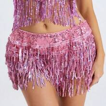 女士肚皮舞嘻哈围巾裙闪亮流苏迪斯科服装亮片裹身狂欢服装流苏裙 - 彩色 - 查看 8