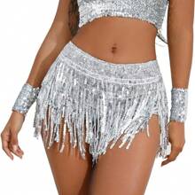 女士肚皮舞嘻哈围巾裙闪亮流苏迪斯科服装亮片裹身狂欢服装流苏裙 - 彩色 - 查看 7