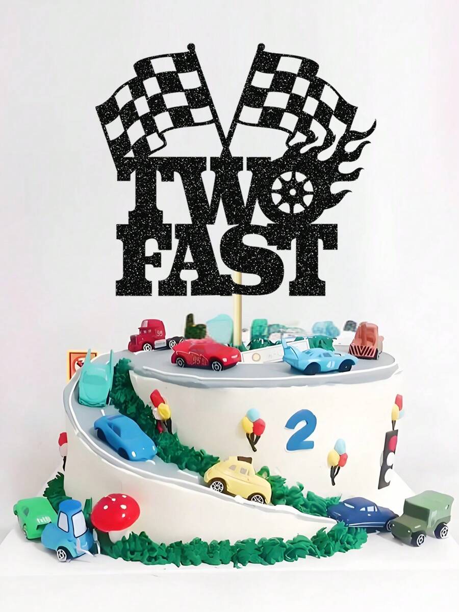 1 件 2 岁儿童生日派对黑色格子赛车旗和方向盘和“Two Fast”蛋糕装饰帽，圣诞节