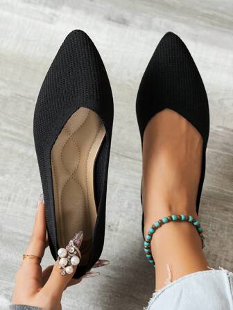 Damen Mode Spitze Zehen Strick Ballerinas, einfarbige lässige Slip-On Flache Schuhe