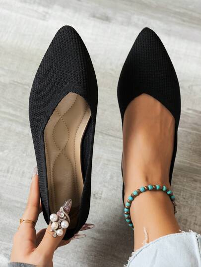 女士时尚尖头针织平底鞋，纯色休闲一脚蹬平底鞋