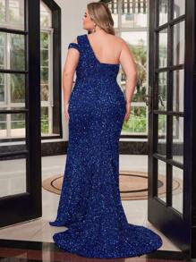 Plus Size Blauwe Pailletten Asymmetrische Hals Split Zoom Avondjurk Feestjurk Bruiloftsgastenjurk Formele Jurk Avondjurk