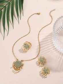 1set Copper Alloy Plated Pearl Tassel Blue Stone Inlaid Earrings, Ring, Necklace Jewelry Set, Suitable For Women Daily Wear