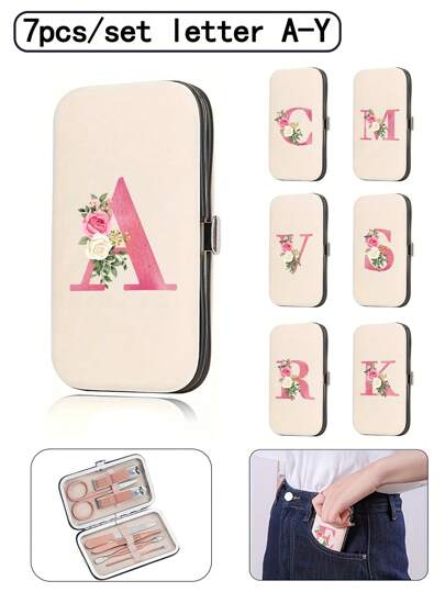 7pcs/Set First Letter Printed Travel Nail Kit, Pink Letters A-Y, Large Capacity Nail Care Box Storage Box, With Stainless Steel Tools, Ultra Sharp And Splash Free Nail Clipper Set, Classic Design Cutting Box, Used For Mobile Beauty Essentials, Travel, Outings, Residential School And Home Essentials