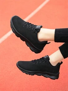Tênis Casuais Femininos Respiráveis de Malha Preta, Sola Macia Leve, Tênis de Corrida e Exercícios com Cadarço e Solado Plano - Multicolorido - Visão 5