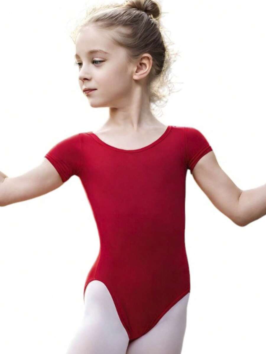 Girls Short Sleeve Cotton Leotard, Ballet Leotard Bodysuit, Sports Gymnastics, Dance And Dancing Without Print Solid Color One-Piece Clothing Clown - 紅色 - 查看 1
