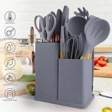 19-Piece Set Of High Quality Silicone Kitchenware Suit With Wooden Handle And Knives-Heat-Resistant, Non-Stick Cooking Tools And Bamboo Storage Containers-Perfect Kitchen Gadget For Easy Cooking And Cleaning