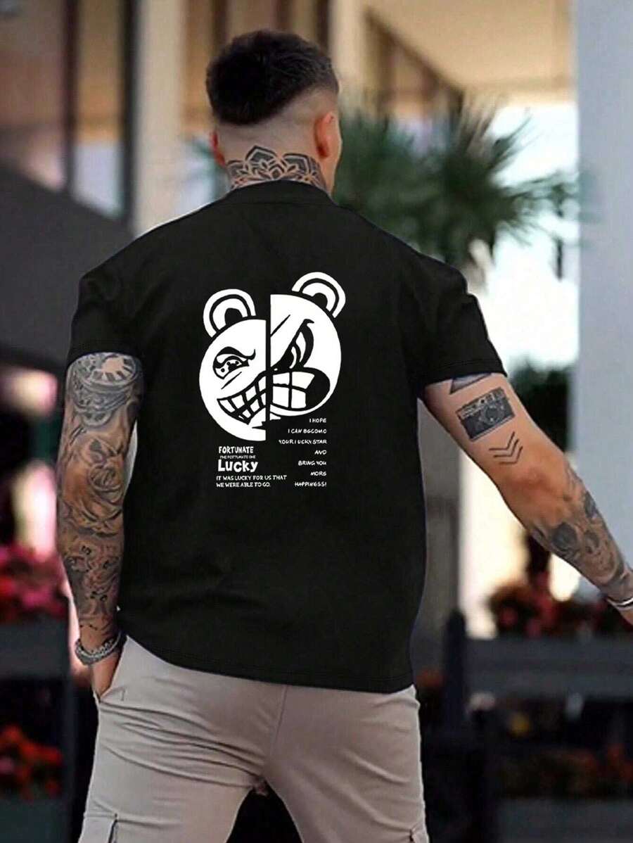 Hombres Camiseta de hombros caídos con estampado de dibujos animados y slogan - Negro - Ver 1