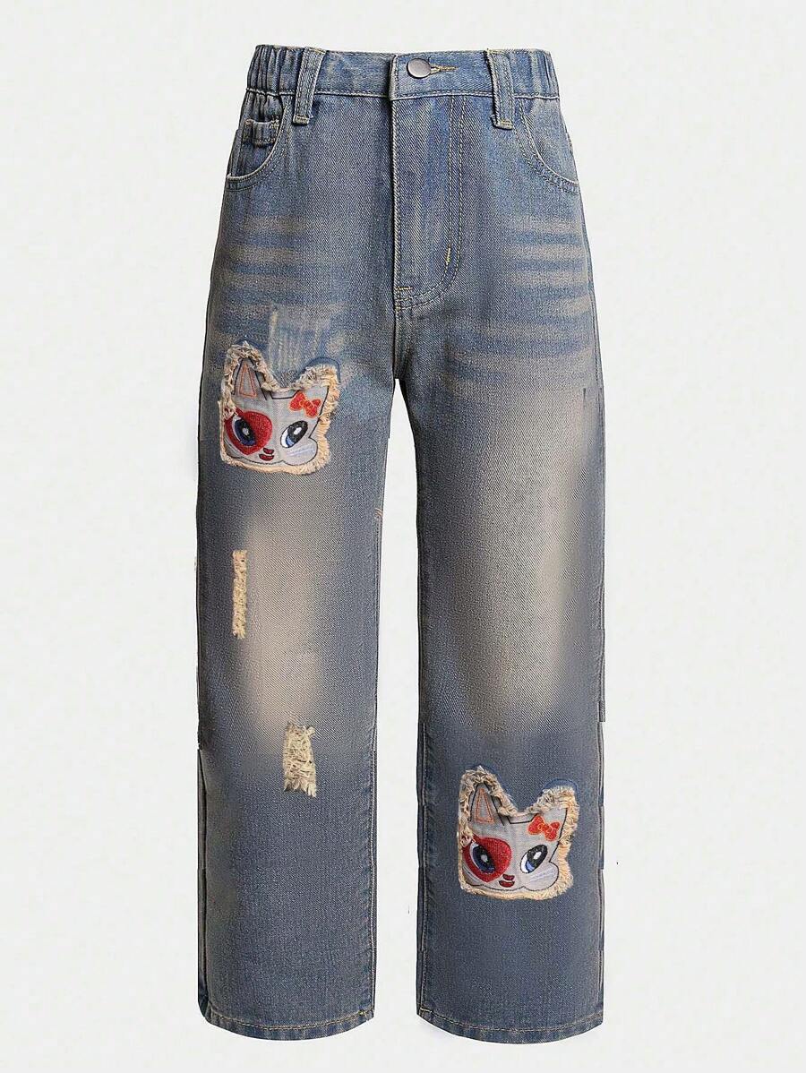 Tween Girl's Cartoon Embroidery Ripped Straight Leg Jeans - Medium Wash - View 1